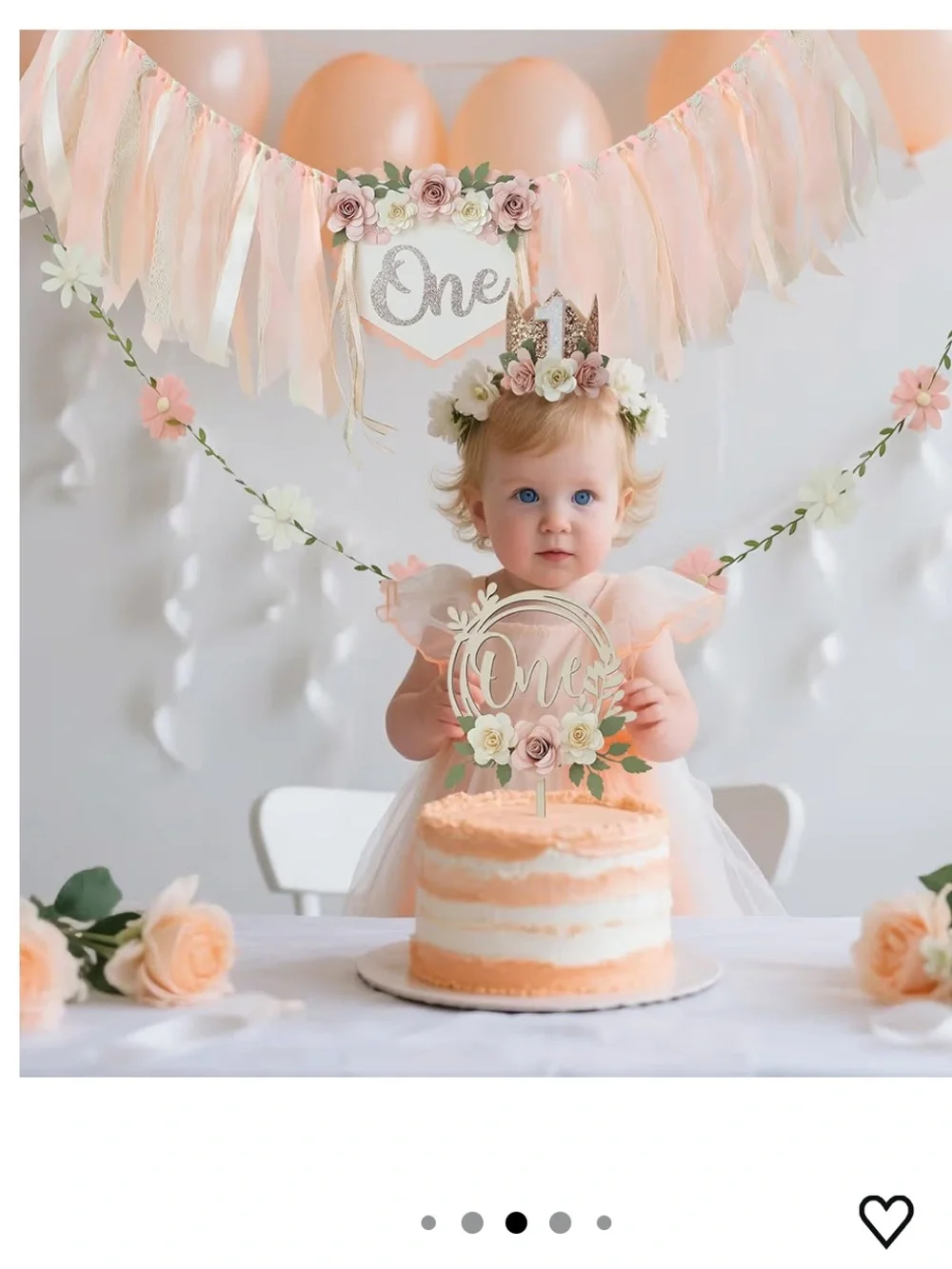 Wildflowers Peach and Cream Floral First Birthday Banner & Cake Topper Set of 4
